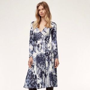 Babaton Aritzia blue and white abstract Tyler print long sleeve wrap dress